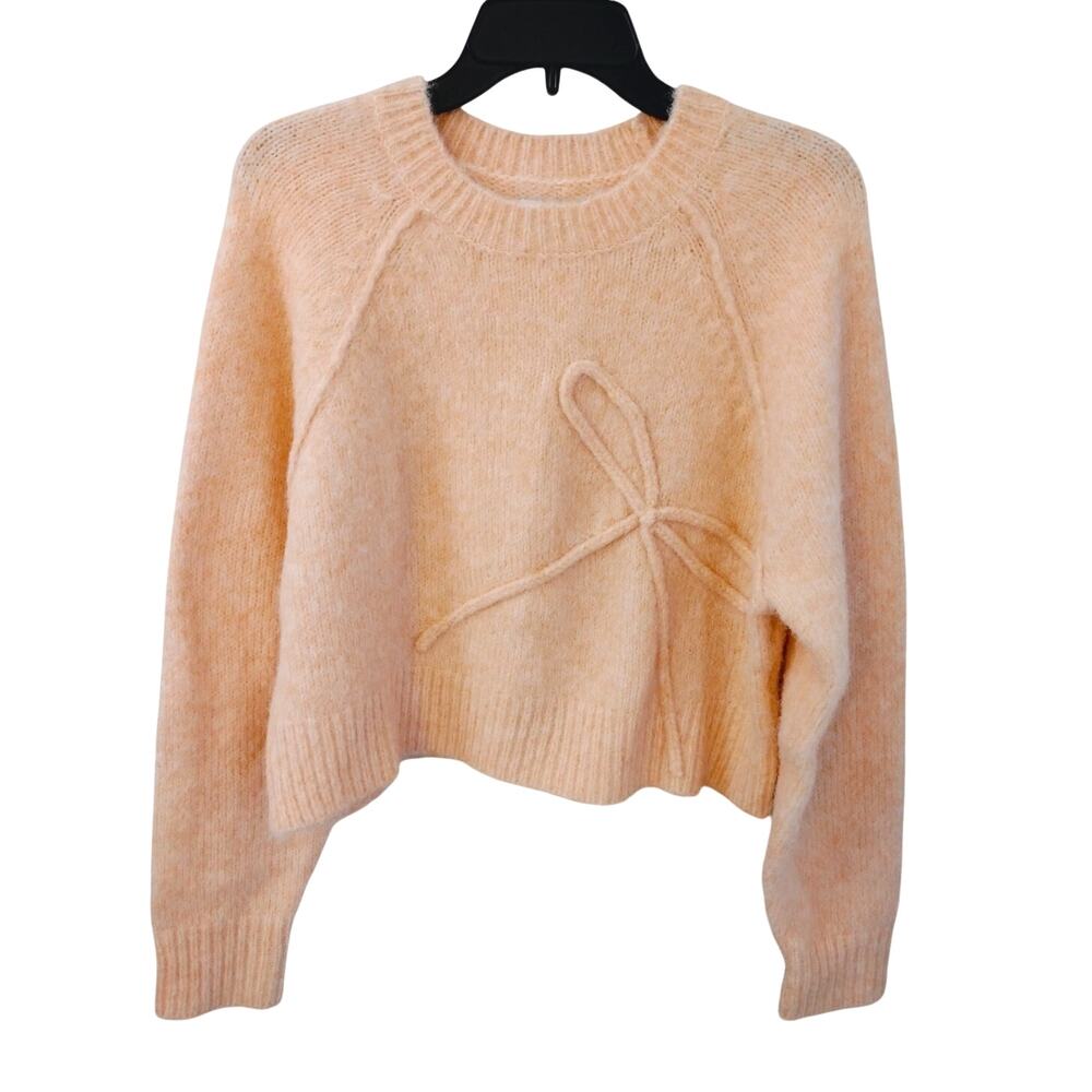 American Eagle NEW Peachy-Pink Bow Cozy & Fuzzy Cropped & Boxy Sweater Medium